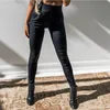 Calça feminina moda feminina couro sexy preto magro trecho esbelto na cintura alta calça lápis zíper pu leggings capris