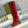 ハイヒールの長いブーツ秋の冬の粗いかかとの女性靴本物のジッパーレタータッセルブーツデザイナーシューズレディヒール膝の上のレディーブーツ大きなサイズ35-42