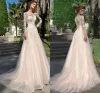 Abiti da sposa in pizzo romantico Sheer manica lunga Appliques Una linea Abiti da sposa Blush Pink Summer Boho Robe de mariage Plus Size 2023