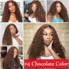 13X4 bouclés avant de lacet perruques pour femmes cheveux brésiliens HD dentelle vague profonde frontale perruque chocolat brun couleur synthétique