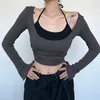 Damen-T-Shirts, sexy, schulterfrei, zweiteilig, Träger-Tanktop, plissiert, ausgestellte Ärmel, schmale Oberteile