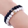 Strand 2 Pcs Trendy Black White Stone Beads Bracelets Men With Gold Silver Color Alloy Crown Bracelet For Women Couple Bangles Jewelry