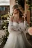 Romantic Beach A-Line Wedding Dresses Spaghetti Straps Tulle Backless Pearls Long Sleeves Open Back Boho Pleats Sweep Train Bohemian Bridal Gowns Custom Made