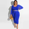 5XL Plus Size Tvådelad Klänning Dam Casual Solid Långärmad topp och Maxikjol Set 2 Styck Outfits Gratis frakt