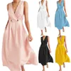 Casual Dresses Plus Size Fashion Summer Women Clothing Solid Color V Neck Sleeveless Lady Loose Party A-Line Long Dress Vestidos