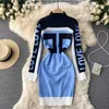 Casual Dresses Elegant Geometric Sticked Dress Women 2022 Autumn Winter Stand Collar Long Sleeve Color Match Kort tr￶ja