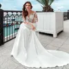 Hochzeitskleid, Meerjungfrau-Kleider, lange Ärmel, transparenter U-Ausschnitt, Applikation, Satin, Knöpfe hinten, Boho-Strand-Brautkleid, Sweep-Zug 2022