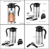 Water Bottles Car Electric Kettle 750Ml 12V/24V Stainless Steel Cigarette Lighter Heating Mug Travel Thermoses Drop Delivery Home Ga Otfkh