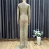 Casual Dresses Sexy See Through Rhinestone Maxi Club Auturn Dress Women 2022 Glitter Evening Party Long Fishnet Beach Vestidos