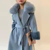 Women's Wool High Fashion Waterblue Ladies Double-Sided Real Cashmere Coat Women's Medium och Long Woolen Femal's