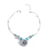 Bohemian Vintage Silver Color Big Flower Blue Stone Pärlor Pendant Necklace Simple Casual Retro Choker Halsbandsmycken