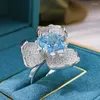 Ringos de cluster 925 Sterling Silver Ring Luxury 10 mm 10mm azul aqual de alto carbono diamante de carbono para mulheres cintilantes jóias de casamento