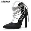 Dress Shoes Aneikeh 2023 Gladiator Women Party Wedding Sexy Pointed Toe Thin High Heel Ankle Cross-Tied Crystal Bordered Pumps 221213