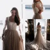 Champagne Princess A-Line Wedding Dresses Sequined Court Train Glitter Lace Up Back Backs Open Back Bridal Clow with Sleeve Warp
