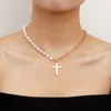 Metall enkel avslappnad simulerad pärla asymmetrisk korshänge halsband mode kvinnor choker halsband smycken