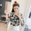 Frauen Blusen Chiffon Koreanische Frauen Sommer Fliege Stehkragen Floral Bedruckte Hemd Top Casual Rosa Schwarz Dame Blusas Femininas