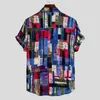 Men's Casual Shirts 2022 Fashion Mens Designed Colorblock Stripe Print Short Sleeve Cotton Linen Shirt Camisas De Hombre