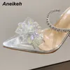 Chaussures habillées Aneikeh 2023 PVC Bout Pointu Fleur Décoration Femmes Talon Haut Cheville Slip-On Cristal Bordé Parti Dess Pompes Sexy 221213