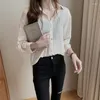 Blouses pour femmes Femmes douces Stripe POLO Collier à manches longues Blouse Bouton Lâche Casual Tops Coréen Été Crème Solaire Mince Chemise En Mousseline De Soie