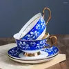 Coffee Tea Sets Bone China Cup And Saucer Set Afternoon Chinese Blue White Flowers Golden Edge