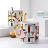 Set da tè per caffè Tazza in ceramica creativa Motivo geometrico Bicchiere da ufficio per ufficio con coperchio Cucchiaio