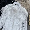 Women's Blouses Ladies Lace Shirt Sexy Hollow Out Crochet Black White Blouse Runway Women Spring Vintage Single-Breasted Flare Long Sleeve