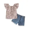 Kledingsets Summer Girl Set Luipaard Print Ruches Blouse denim jeans shorts 2 stks kinderkleding