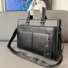 Men Shoulder bags many zipper pocket tote Briefcase Black cow Leather Designer Handbag Business high 5A quality Triangular nameplate Mens Laptop Messenger Bag 39cm
