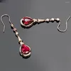 Dangle Earrings LUXURY RUBY GEMSTONES RED CRYSTAL ZIRCON DIAMONDS LONG DROP FOR WOMEN ROSE GOLD TONE JEWELRY BIJOUX PARTY GIFTS