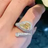 Luxus Einstellbare Größe Silber Farbe Schmuck Gelb Waterdrop Zirkon Ring für Frauen Ringe Hochzeit Prom Zubehör Vorschlag Geschenke