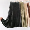 Kjolar 2022 sommar kvinnor veckade lång kjol vintage hög midja en linje satin kvinnors koreansk stil avslappnad fast färg l663