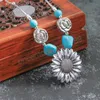 Bohemian Vintage Silver Color Big Flower Blue Stone Pärlor Pendant Necklace Simple Casual Retro Choker Halsbandsmycken