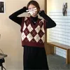 Damenwesten Frühling Herbst V-Ausschnitt gestrickter Taillenmantel Frauen lose Diamantgitter Farbblockierung kurze Weste und Schulterpullover sind Lazy Tide