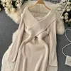 Casual Dresses Autumn and Winter Gentle Wind Senior Sense of Cross V-Neck Knit Design Elegance Temperament Open Fork Dress