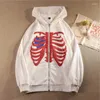 Sweats à capuche pour femmes Y2K Harajuku Style coréen Loose Skeleton Zip Up Hoodie Goth Grunge Veste à capuche à manches longues Retro Black Oversized