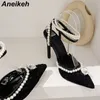 Dress Shoes Slippers Aneikeh Lace Rhinestone Beads 2023 Sexy Pointed High Heel Sandals Women Bohemian Party Prom Pumps 221213