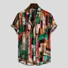 Men's Casual Shirts 2022 Fashion Mens Designed Colorblock Stripe Print Short Sleeve Cotton Linen Shirt Camisas De Hombre