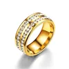 Pedras laterais de linha dupla anéis para casais homens mulheres titânio aço inoxidável bling wedding Bridal toping faixa de dedos ouro banhado shinestone presente de noivo por atacado