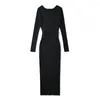 Casual Dresses Maxdutti 2022 France Style Fashion Vintage Hollow Out Long Sleeve Sticked V-Neck Sexig Holiday Sheath Midi Dress Women