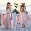 2019 Novo Boho Pink Flower Girls Dresses para Wedding Lace Applique Ruffles Kids Formal Wear Girls Dress Dress Vacha de aniversário GOWN211M