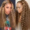 180density Curly Human Hair Long Deep Wave Frontal Blonde Highlight Transparent Lace Pre Plucked Synthetic Wig