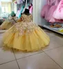 2023 Cute Gold Flower Girls Dresses For Wedding Jewel Neck Illusion Tulle Hand Made Flowers Crystal Beads Long Party Princess Children Girl Pageant Gowns With Bow