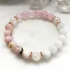 Pulseiras de link mg0852 8 mm moonstone rose quartize bracelete natural um grau rosa energia opala mala tibetano saldo proteção