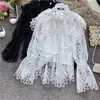 Women's Blouses Ladies Lace Shirt Sexy Hollow Out Crochet Black White Blouse Runway Women Spring Vintage Single-Breasted Flare Long Sleeve