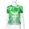 Women's T Shirts Women Trendy Green Orange Tie Dye Printed T-shirts Casual Sexy Short Sleeve Fringed Crop Tops Y2k Streetwear