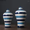 Bottiglie di stoccaggio Creativo Vaso a strisce in ceramica Serbatoio geometrico Artigianato Grande decorazione Soggiorno Accessori per la casa