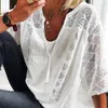 Femmes Blouses 2022 Casual Lâche Dentelle Couture Blouse Mode U-cou Trois Quarts Manches Coton Chemise Femmes Tops Vêtements D'été 24294