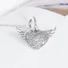 925 Sterling Silver Clear Pave Heart & Angel Wings Charm Pendant Necklace Fits European Pandora Style Jewelry Necklace