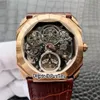 新しい42mm Octo Finissimo Tourbillon 102719 Rose Gold Skeleton Dial Automatic Mens Watch Black Leather Strap Sports Watches High Qua2760