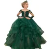 Gorgeous Green Flower Girl Dresses Scoop Neck Appliqued Beaded Long Sleeves Girl Pageant Gowns Ruffle Tiered Sweep Train Birthday 3999672